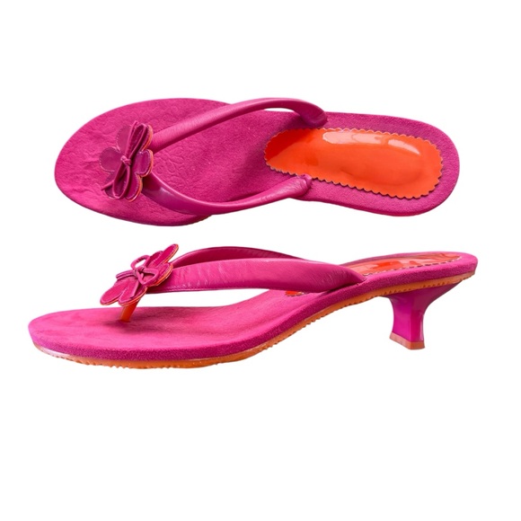 Vintage Shoes - Vintage Flower Ribbon Thong Kitten Heels Pink Orange Summer Made in Spain Sz 10